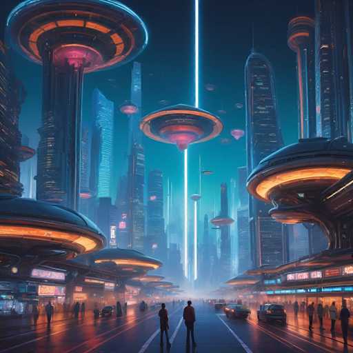 The image depicts a futuristic cityscape at night with tall buildings and floating islands of various sizes illuminated by blue lights against the dark sky. The perspective is from street level, looking up towards the towering structures. Two individuals can be seen walking on the sidewalk in front of one of the buildings.