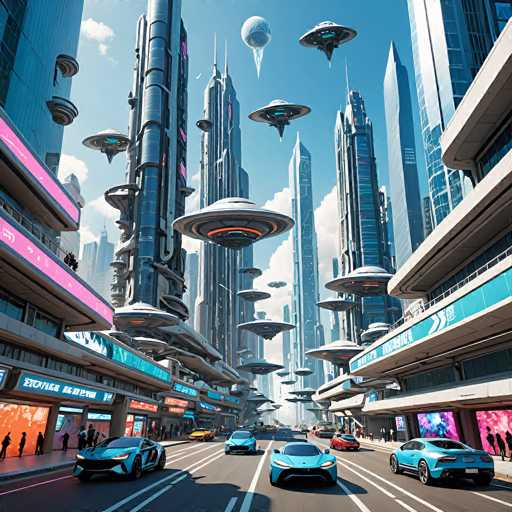 This image depicts a vibrant, futuristic cityscape with towering skyscrapers that appear to be made of glass and metal, featuring sharp, pointed tops. The scene is set under a clear blue sky with scattered white clouds. In the foreground, a multi-lane road is bustling with sleek, advanced sports cars in shades of blue, red, and yellow, some with distinctive triangular headlights. The road is flanked by sidewalks where people are seen walking, and various buildings adorned with neon signs in pink, blue, and white. Some of these signs display text in an Asian language, adding to the global ambiance. Above the city, numerous UFO-like spacecraft hover, some emitting orange lights, creating an otherworldly atmosphere. The overall image is a detailed, computer-generated portrayal of a high-tech, futuristic metropolis.