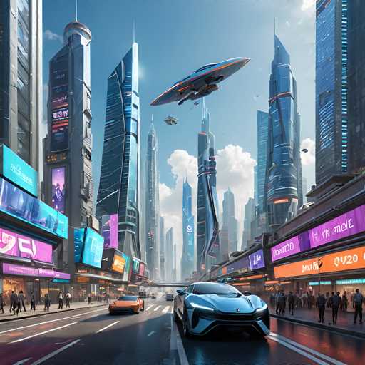 A vibrant, futuristic cityscape bathed in a bright, slightly hazy sunlight. Sleek, modern cars glide along wide, wet streets lined with towering skyscrapers adorned with glowing neon signs in various languages. The buildings are a mix of sleek, angular designs and more organic shapes, all bathed in vibrant blues, purples, and oranges. A large, futuristic flying vehicle hovers in the sky above, adding to the sense of advanced technology. People stroll along sidewalks, some looking at the bustling scene, others seemingly engaged in conversations. The overall atmosphere is one of a thriving, technologically advanced metropolis.