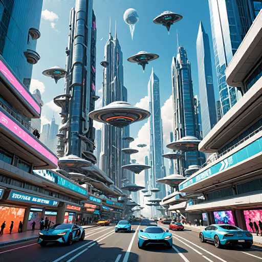 The image depicts a futuristic cityscape with tall buildings and floating spaceships. The sky is filled with hovering spaceships of various sizes and colors, including blue, green, and white. The perspective is from ground level, looking up at the towering structures.