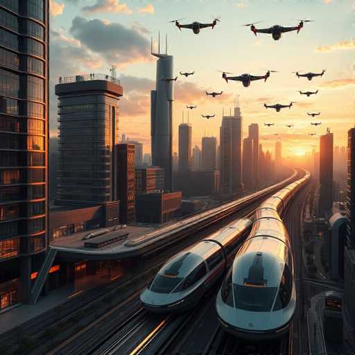 The image depicts a futuristic cityscape at sunset, characterized by towering skyscrapers and a bustling transportation network. Dominating the scene are two sleek, high-speed bullet trains racing along parallel tracks, their aerodynamic designs featuring pointed fronts and large windows. The trains, primarily white with a distinctive red stripe, are accompanied by a train car trailing behind. Above the city, a formation of 16 flying vehicles, possibly drones or advanced aircraft, soars through the sky, adding to the high-tech ambiance. The sky is a blend of blue and orange hues, with clouds tinged in orange, enhancing the sunset's glow. The overall scene is a detailed, computer-generated illustration that captures the essence of a vibrant, technologically advanced urban environment.