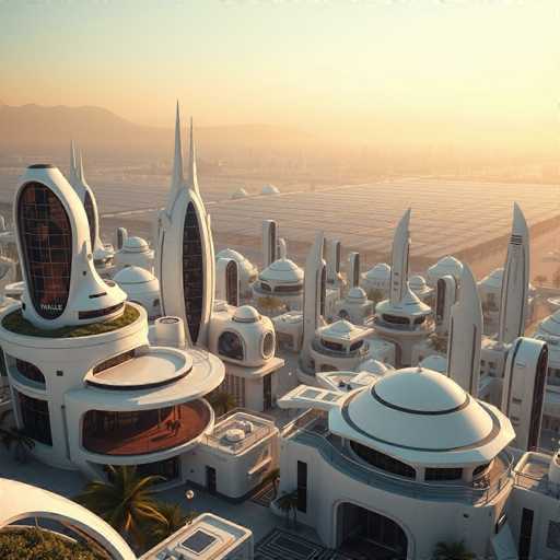 The image depicts a futuristic, sprawling city with organically shaped, predominantly white buildings. The structures feature rounded forms, curved balconies, and large windows, suggesting a focus on open space and natural light. The city is nestled in a hazy, warm-toned landscape with distant mountains and a vast solar farm. The overall style is clean, minimalist, and evokes a sense of advanced, sustainable design.