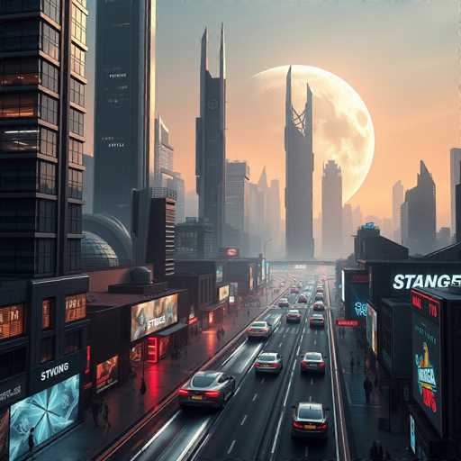 This image depicts a futuristic cityscape at sunset, characterized by towering skyscrapers with unique architectural features, such as pointed tops and dome-shaped roofs. The sky is a blend of orange and gray hues, with a large, detailed moon casting a soft glow over the scene. The city streets are bustling with traffic, featuring sleek, modern cars that resemble sports cars, all moving in the same direction. The sidewalks are lined with illuminated billboards and advertisements, including one that reads "STYONG" and another partially visible sign that appears to spell "STANG." The overall atmosphere is vibrant and dynamic, with a mix of colors including orange, gray, black, white, red, blue, and yellow, creating a visually striking and detailed urban landscape.