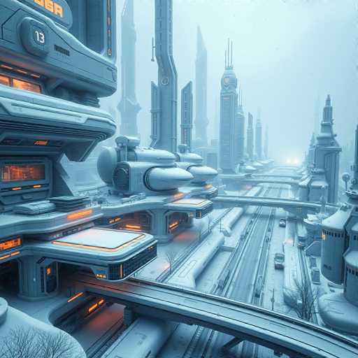 The image depicts a futuristic cityscape under a clear blue sky with falling snowflakes. The buildings are predominantly gray and white, with some orange accents adding color to the monochrome scene. A large clock tower stands out among the structures. The perspective is from above, providing an aerial view of the city's layout and architectural details.