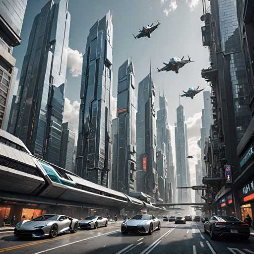 The image depicts a futuristic cityscape with towering, sleek skyscrapers that appear to be constructed from metal or glass, giving them a shiny, reflective appearance. The sky is a clear blue with a few scattered clouds, enhancing the high-tech ambiance. In the foreground, four advanced sports cars, each with a distinct design, are driving down a multi-lane road. Above the city, four futuristic fighter jets soar through the air, adding to the advanced, sci-fi atmosphere. The overall scene is reminiscent of a cyberpunk or dystopian setting, with a blend of cutting-edge architecture and advanced transportation.