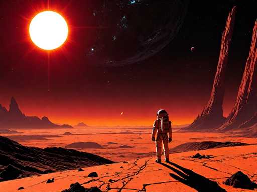 The image depicts a detailed, computer-generated scene of an astronaut standing on the surface of Mars. The astronaut, clad in a white spacesuit with a clear helmet, is positioned on the right side of the image, gazing out towards the horizon. The Martian landscape is characterized by its reddish-orange terrain, which is cracked and uneven, with jagged rock formations and mountains visible on both sides. The sky above is a deep black, dotted with stars, and features a prominent, glowing sun in the upper left corner, casting an orange hue across the scene. Additionally, a large planet, possibly Jupiter, is visible in the upper right corner, adding to the cosmic atmosphere. The overall color palette includes shades of red, orange, black, white, and gray, enhancing the otherworldly feel of the image.