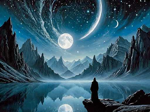 The image depicts a surreal, computer-generated scene with a dark, night-time atmosphere. Dominating the foreground is a figure, possibly a monk or wizard, dressed in a long black robe with a hood, standing on a rocky outcrop by a still, reflective lake. The figure gazes out over the water, which mirrors the surrounding landscape and the night sky above. 

Towering, jagged mountains rise on either side of the lake, their sharp peaks silhouetted against the dark blue sky. The sky itself is a mesmerizing tapestry of swirling patterns, featuring a large, full moon at the center, accompanied by a smaller crescent moon to its right. Countless stars and planets pepper the sky, adding to the mystical ambiance. 

The entire scene is bathed in a palette of deep blues, blacks, and grays, with the only contrasting colors being the white of the moons and the stars. The stillness of the water and the serene posture of the figure contribute to the overall sense of tranquility and wonder in this otherworldly landscape.