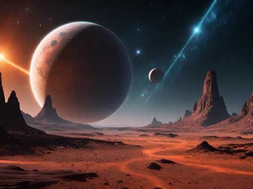 A breathtaking, panoramic view of a Martian-like landscape under the glow of two celestial bodies. The foreground is dominated by a vast, reddish-orange desert with undulating terrain and scattered rocks. In the distance, towering, jagged rock formations rise towards a vibrant, orange-hued planet dominating the sky. A smaller, reddish moon hangs in the mid-distance, casting a soft glow on the landscape. Streaks of light emanate from the planet and moon, suggesting atmospheric phenomena or distant celestial bodies. The overall color palette is warm and dramatic, with deep oranges, reds, and browns contrasting against the dark, starry sky. The scene evokes a sense of vastness, isolation, and otherworldly beauty.