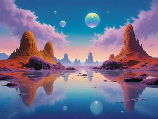 The image depicts a surreal landscape with floating planets and mountains made of rocks. The sky is filled with clouds and the water below mirrors this celestial scene. The perspective is from the shoreline, looking out towards the horizon where the sky meets the water.