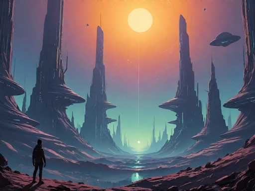 The image depicts an alien landscape with tall, pointed structures resembling mountains and islands scattered throughout the scene. The sky above is a vibrant mix of orange and blue hues, creating a surreal atmosphere. In the foreground, there are two individuals standing on rocky terrain, facing away from the viewer.