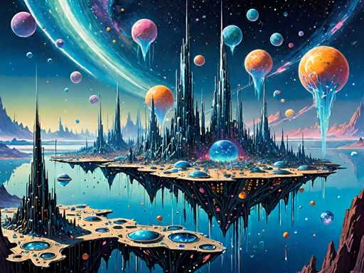 The image depicts an alien planet with a large city floating on water and surrounded by mountains. The city is made of blue spheres and has towers reaching into the sky. The sky above the city is filled with colorful balls that appear to be planets or stars.