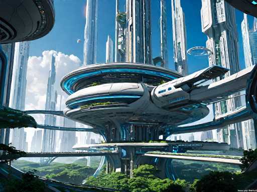 This image portrays a highly detailed, futuristic cityscape that appears to be AI-generated. Dominating the scene are numerous towering skyscrapers, primarily white with blue accents, that stretch high into a clear blue sky. The city is characterized by a blend of advanced architecture and abundant greenery, with lush trees and grass visible at the base of the buildings. In the foreground, a prominent structure resembling a spaceship or a large, circular building with a wing-like extension on the right side stands out. This building features a blue light around its top and is adorned with green plants on its lower levels. The scene is further enriched by the presence of a bridge connecting different parts of the city and a small planet or moon visible in the sky. The overall aesthetic is reminiscent of a sci-fi setting, with a harmonious integration of nature and cutting-edge technology.