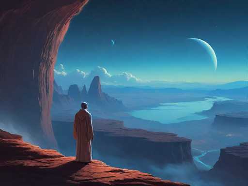 A lone, cloaked figure stands on a cliff overlooking a vast, otherworldly landscape. The scene is bathed in a soft, ethereal light with a large crescent moon dominating the sky. Jagged rock formations and a winding river create a sense of scale and isolation, while a hazy mist softens the distant horizon. The art style is painterly and dreamlike, emphasizing atmospheric perspective and a sense of quiet contemplation.