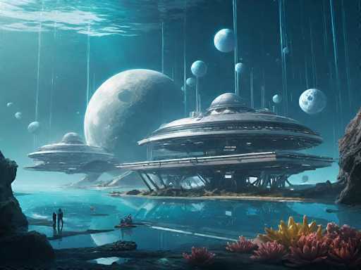 A breathtaking, futuristic underwater scene unfolds in a vibrant, alien world. Several large, sleek, saucer-shaped structures float gracefully on the surface of a calm, turquoise body of water. These structures are supported by elegant, glowing supports and feature large, illuminated windows, hinting at advanced technology within. 

The scene is bathed in a soft, ethereal light filtering down from the surface, casting shimmering reflections on the water. Several moons of varying sizes and colors hang in the sky, creating a sense of vastness and wonder. 

In the foreground, two figures in futuristic attire stand on a platform near one of the structures, gazing at the otherworldly landscape. A small, sleek boat glides across the water, carrying a few figures as well. 

The overall atmosphere is one of tranquility and awe-inspiring beauty, showcasing a glimpse into a distant, technologically advanced civilization. The scene is rendered with a painterly style, emphasizing depth and atmospheric perspective.