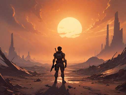 The image depicts a post-apocalyptic scene, likely from a video game, featuring a lone soldier standing in the middle of a desolate, sandy landscape. The soldier, clad in a full-body suit and equipped with a gun, faces away from the viewer, gazing towards a large, glowing yellow sun that dominates the sky. The sky is filled with orange and yellow hues, interspersed with dark, ominous clouds. Surrounding the soldier are remnants of destroyed buildings, with broken concrete and debris scattered on either side. The ground is littered with rubble, and the overall atmosphere is one of desolation and destruction.
