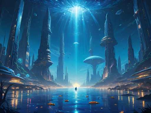 The image depicts a futuristic cityscape with tall buildings and floating islands in the center of a body of water. The sky above is filled with stars, creating a sense of depth and vastness to the scene. A bright light shines from the top left corner, illuminating the entire cityscape.