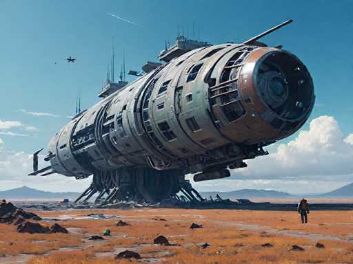 The image depicts an abandoned spaceship floating in a desert-like environment with a clear blue sky and distant mountains visible through the hazy atmosphere. The spaceship is painted in shades of gray and white, with a large antenna on top that appears to be damaged or broken. A person can be seen walking near the spaceship, adding a sense of scale to the scene.