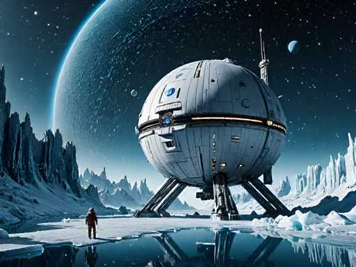 The image depicts a futuristic, computer-generated scene set on an alien planet. Dominating the foreground is a spherical spaceship with a distinct black stripe running horizontally around its middle. The spaceship, which features a blue circular logo on its upper section, stands on four tripod legs that are reflected in a small body of water below. A person, dressed in a brown spacesuit with a backpack, stands on the ice near the water's edge, gazing up at the vessel. The background reveals a stark, icy landscape with jagged mountains and cliffs on either side, all blanketed in snow. The sky above is a deep blue, dotted with stars, and features a large planet with a blue glow on the left and a smaller blue planet on the right. The overall scene is bathed in a cold, blue light, enhancing the otherworldly atmosphere.