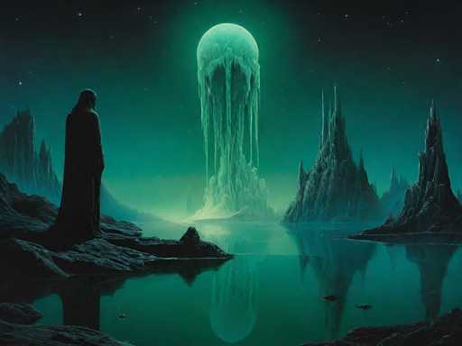 A lone figure in a dark cloak stands on a rocky shore, gazing at a colossal, glowing green moon hanging in the sky. The scene is bathed in an ethereal teal light, with towering, jagged mountains reflected in a still, dark water surface. The overall atmosphere is one of mystery and otherworldly beauty.