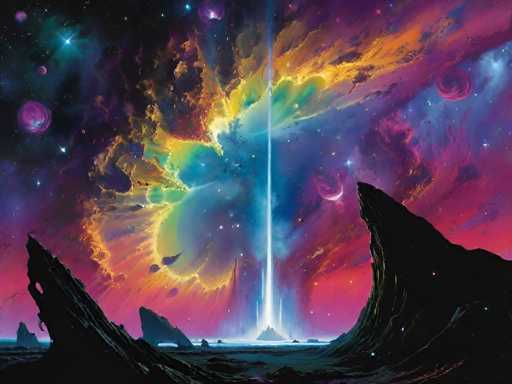 A vibrant, otherworldly scene unfolds under a swirling cosmic sky. The foreground is dominated by dark, jagged rock formations, silhouetted against the brilliant light emanating from a central point. A beam of intense blue light shoots upwards, piercing through a nebula of swirling colors – vibrant oranges, yellows, blues, and purples blend in an ethereal display. 

Several celestial bodies are visible: a pinkish-purple ringed planet hangs in the upper left, and another smaller, swirling purple planet is visible towards the top right. Scattered stars twinkle throughout the dark expanse of space. 

The overall impression is one of awe-inspiring cosmic grandeur, with a sense of mystery and wonder. The scene feels both serene and dynamic, capturing the vastness and beauty of the universe.