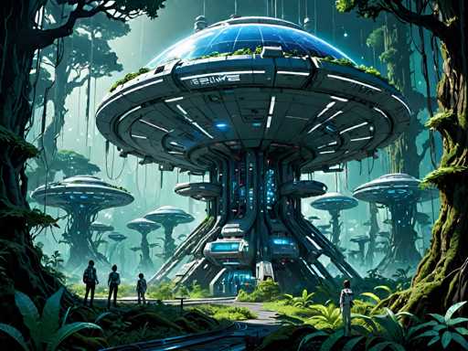 The image depicts an alien cityscape with a large dome-shaped structure at its center, surrounded by numerous green trees and bushes. A group of people can be seen walking around the base of the structure. The overall color palette is dominated by shades of blue and green, creating a futuristic and otherworldly atmosphere.