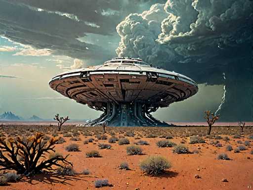 The image depicts a detailed, computer-generated scene of a large, circular UFO-like spaceship that has landed in a barren desert landscape. The spacecraft, which is predominantly white with black and blue accents, features a complex structure with multiple layers and a central tower that extends downward into the ground. The sky above is filled with dark, ominous clouds, and a lightning bolt strikes from the right side of the image, adding to the dramatic atmosphere. The desert floor is covered in reddish-brown sand, dotted with sparse, dry vegetation including cacti and small bushes. In the background, distant mountains can be seen on the left side, completing the desolate yet otherworldly setting.