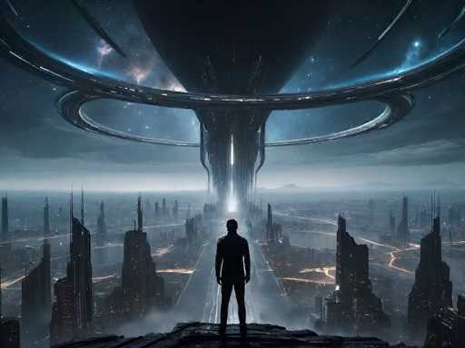 The image depicts a dark, futuristic cityscape at night, dominated by tall, black skyscrapers with illuminated windows. A large, glowing road cuts through the center of the city, leading towards a massive, black spaceship hovering in the sky. The spaceship features a prominent, glowing light beam extending downward, illuminating a silhouetted man standing on a rocky outcrop at the bottom center of the image. The man, viewed from behind, has his hands at his sides and appears to be gazing up at the spaceship. Surrounding the spaceship are two large, circular rings, adding to the otherworldly atmosphere. The sky is filled with stars, and the entire scene is shrouded in a misty fog, enhancing the sense of mystery and grandeur.