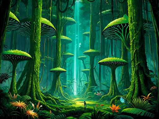 The image depicts a fantastical, computer-generated forest scene that is predominantly green and blue, with a surreal, dreamlike quality. Towering trees with moss-covered trunks and extensive root systems dominate the landscape, their canopies resembling enormous mushrooms with green tops and black undersides. The forest floor is lush with vibrant orange flowers, ferns, and other greenery, creating a rich tapestry of plant life. A beam of light filters down from the top center, illuminating the scene and casting a mystical glow. In the middle of this enchanting setting stands a small, indistinct figure, possibly a person or a creature, adding an element of intrigue. The overall atmosphere is one of otherworldly beauty and tranquility, with no text to distract from the visual splendor.