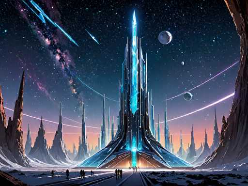 A futuristic, alien landscape dominates the image. A colossal, glowing blue and silver structure resembling a crystalline tower stands at the center, dwarfing figures of people walking towards it. The scene is set under a vibrant, starry sky with swirling nebulae and distant moons, creating a sense of vastness and otherworldly grandeur. The art style is digital painting with a focus on dramatic lighting and intricate details, evoking a sense of awe and wonder.