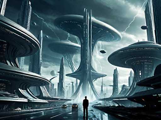 The image depicts a highly detailed, futuristic cityscape that appears to be computer-generated. Dominated by a dark, cloudy sky, the scene is illuminated by lightning bolts striking from above. The city features an array of towering skyscrapers, some with circular or oval-shaped tops, resembling flying saucers. These structures are interconnected by a network of roads and highways, with cars traveling along them. In the foreground, a man dressed in black stands on a wet, reflective road, gazing up at the imposing skyline. The overall atmosphere is dark and moody, with a color palette of grays, blacks, and whites, enhancing the sense of a dystopian future.