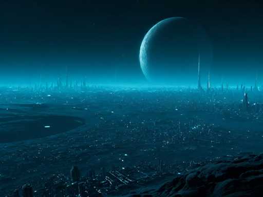 The image depicts a futuristic cityscape on an alien planet, characterized by towering skyscrapers and illuminated buildings. The scene is predominantly dark, with a bluish tint that suggests a nighttime setting. In the foreground, there is a rocky terrain, possibly a mountain or cliff, from which the viewer appears to be observing the city. The city's skyline is dotted with numerous lights, highlighting the dense urban environment. A large crater is visible on the left side of the image, adding to the alien landscape's rugged features. The sky is filled with stars, and a large planet, possibly Earth, looms in the background, casting a faint glow over the scene. The overall atmosphere is one of a bustling, advanced civilization set against the backdrop of an expansive and mysterious universe.