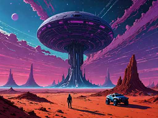 A futuristic, alien landscape bathed in a vibrant purple and orange sunset. A lone figure in a dark spacesuit stands on a red, desolate plain, gazing up at a colossal, purple alien spaceship hovering in the sky. The spaceship is a sleek, disc-shaped structure with intricate details and glowing purple lights. In the distance, towering, alien rock formations rise from the landscape, casting long shadows across the ground. A futuristic blue vehicle sits parked on the red surface near the spaceship, and a large, purple moon hangs in the sky. The overall scene is one of vastness, mystery, and otherworldly beauty.