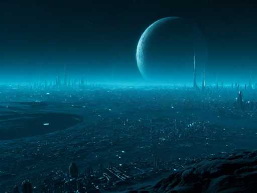 The image shows a cityscape with a large moon in the background and a blue sky above it. The city is composed of tall buildings that appear as small dots against the vast expanse of space. The moon's surface is covered in craters and mountains, adding to the overall sense of depth and scale.