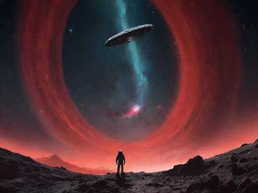 The image depicts a captivating scene of an astronaut standing on a rocky, alien planet, gazing up at a mesmerizing sky. The astronaut, clad in a white spacesuit with a clear helmet visor, stands on a dark, cratered surface, surrounded by large rocks. The sky above is a deep, dark blue, adorned with numerous stars and dominated by a striking red ring that resembles a celestial phenomenon or a cosmic event. Within this red ring, a vivid blue beam of light descends from the top, illuminating the scene below. At the center of this celestial display, a large, gray UFO-like spacecraft hovers, adding to the otherworldly atmosphere. The overall composition suggests a moment of awe and exploration, as the astronaut witnesses this extraordinary spectacle on what appears to be a distant planet.