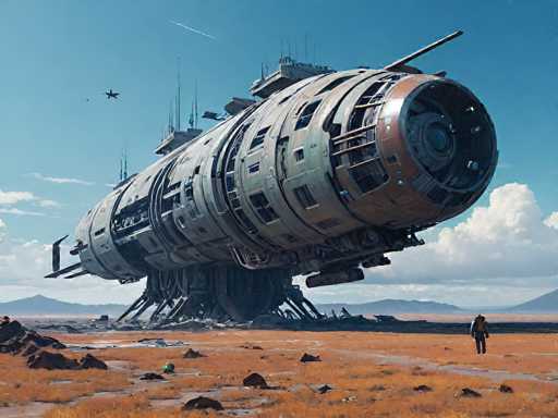 The image depicts a futuristic, cylindrical spaceship that resembles a large, metallic tube with a pointed front, standing on a rocky, arid landscape. The spaceship, which has a grayish-green color with a rusted front, features numerous windows and doors along its sides, and is supported by several legs. The sky above is a clear blue with a few white clouds, and a jet can be seen flying in the distance. In the foreground, a lone figure dressed in black with a backpack walks towards the spaceship, emphasizing its immense size. The ground is covered in brown grass and scattered rocks, with a small mountain range visible in the background. The overall scene suggests a post-apocalyptic or sci-fi setting, with the spaceship appearing to be either landing or preparing for takeoff.