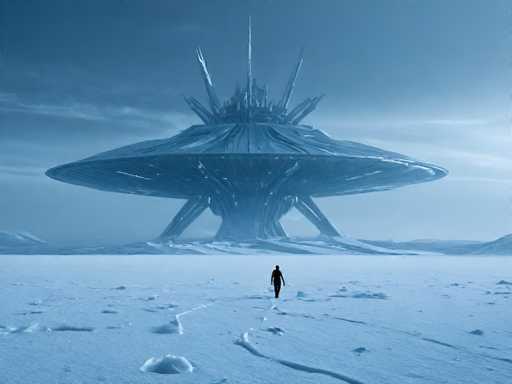 In this captivating image, a lone figure is seen walking towards a colossal structure that dominates the scene. The structure, reminiscent of a spaceship, features a large, circular base supported by six sturdy legs. Its design is futuristic, with jagged, crystal-like spikes protruding from the top, giving it an otherworldly appearance. The sky above is a deep, dark blue, adding to the mysterious and sci-fi atmosphere of the scene. The ground beneath the figure is covered in a blanket of snow, with numerous footprints leading towards the imposing structure. The overall color palette of the image is dominated by shades of blue, enhancing its cold and ethereal mood.