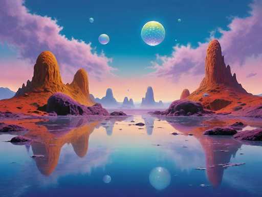 A serene, otherworldly landscape with towering, orange and purple rock formations reflected in a calm, blue water surface under a vibrant, pink and blue sky dotted with several glowing planets. The scene is bathed in a soft, ethereal light, creating a dreamlike atmosphere.