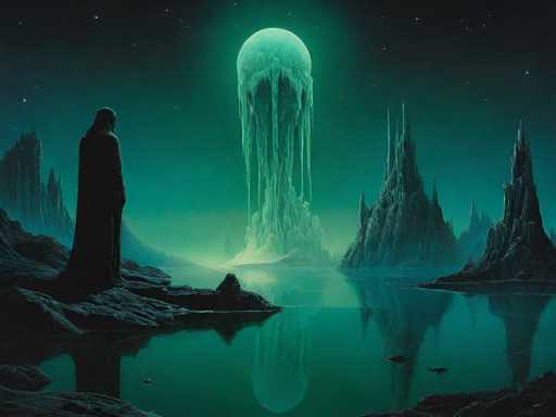 A lone, cloaked figure stands on a rocky shore in a surreal, teal-lit landscape. A colossal, glowing green moon hangs in the sky, casting an ethereal glow on towering, jagged mountains and a still, reflective body of water. The art style is fantastical and dreamlike, with a focus on atmospheric perspective and dramatic lighting.