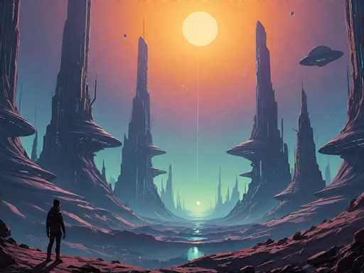 The image depicts a highly detailed, computer-generated scene of an alien landscape. Dominating the foreground is a solitary figure, possibly a man, standing on a rocky surface and gazing towards the horizon. The terrain is rugged, with jagged, spiky rock formations that resemble tall, pointed trees or mountains, creating a valley-like structure. The ground is a mix of brown and gray hues, with a small body of water nestled between the formations.

In the distance, the sky transitions from a light blue at the horizon to a vibrant orange, culminating in a large, glowing yellow sun. The sky is dotted with several planets and a prominent UFO-like spaceship hovering on the right side. The overall color palette includes shades of blue, orange, yellow, and purple, adding to the otherworldly atmosphere. The scene is devoid of any text, focusing entirely on the visual elements to convey its sci-fi theme.