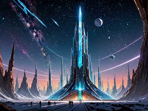 The image depicts a futuristic cityscape with tall buildings and a large tower at the center. The sky above is filled with stars and planets, creating a sense of depth and vastness to the scene. In the foreground, there are people walking around, adding a touch of life to the otherwise empty landscape.
