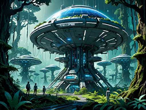The image depicts a futuristic, computer-generated scene of a large, circular spaceship that has landed in a lush, green forest. The spaceship, which resembles a flying saucer, features a glass dome on top and is adorned with various lights and panels. It has a central tower with a doorway at the bottom, suggesting entry into the vessel. Surrounding the main spaceship are several smaller, similarly designed ships, each with a glass top and a metallic base. The forest is dense with tall trees, some of which have branches extending over the ships, and the ground is covered with green grass and plants. In the foreground, four people are seen walking towards the spaceship, while another individual stands closer to the viewer, gazing up at the vessel. The scene is illuminated by the spaceship's lights, casting a glow on the surrounding forest.