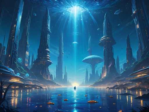 This image depicts a highly detailed, computer-generated scene of a futuristic underwater city. The cityscape features numerous tall, spire-like buildings with pointed tops, some of which have circular platforms around their midsections. These structures are illuminated by a bright light shining down from above, casting an ethereal glow throughout the scene. The water below is a deep blue, reflecting the light and creating a shimmering effect. In the center of the image, a small boat with two figures can be seen, adding a sense of scale to the vast, submerged metropolis. The overall color palette includes shades of blue, white, gray, and hints of orange, contributing to the otherworldly atmosphere of this aquatic urban landscape.