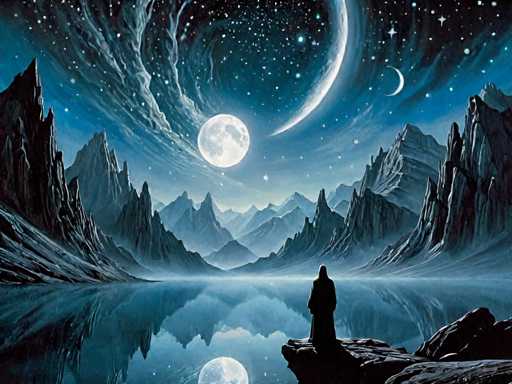 The image depicts a serene landscape with a large moon and two distant planets floating above the water. The sky is filled with stars, creating a sense of depth and vastness to the scene. In the foreground, there are mountains that add a touch of ruggedness to the otherwise smooth surface of the lake. A person can be seen standing on one of these rocks, gazing out at the tranquil waters below.