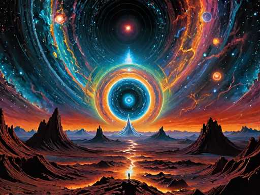 A breathtaking, surreal landscape unfolds under a swirling cosmic vortex. Jagged, reddish-brown mountains rise towards a vibrant, glowing central portal of swirling blues and oranges. A lone figure stands at the foot of a crystalline spire, gazing into the cosmic spectacle. The art style is digital painting with a highly detailed, fantastical aesthetic, emphasizing otherworldly light and depth.