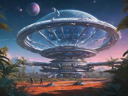 A futuristic, large, circular space station-like structure dominates a vibrant alien landscape. The structure is primarily constructed of gleaming silver and blue metal, with large transparent panels offering glimpses of a futuristic interior. It sits atop a raised platform surrounded by lush, alien vegetation – tall palm-like plants and other exotic flora. Two figures in futuristic suits stand on the platform, gazing at the structure. In the background, a pink and purple planet hangs in the sky, along with a smaller, bright blue moon. The overall scene is bathed in a soft, ethereal light, suggesting a serene and advanced setting.