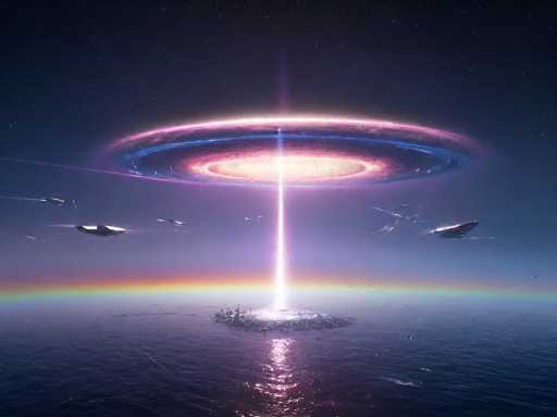 The image depicts a captivating scene of a large, circular spaceship hovering above a vast body of water, possibly an ocean. The spaceship features a prominent, glowing ring of light at its center, which emits a radiant beam extending downward, illuminating the water below. The sky is a deep blue, dotted with stars, adding to the otherworldly atmosphere. Surrounding the central spaceship are several smaller spacecraft, seemingly part of the same fleet, flying in formation. A vibrant rainbow arches across the horizon, adding a splash of color to the scene. The overall composition suggests a moment of advanced technological achievement, with the fleet of ships approaching or landing on the water's surface.
