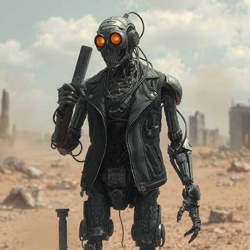 A weathered, steampunk-style robot stands in a desolate, post-apocalyptic desert landscape. The robot is humanoid with a skull-like head featuring glowing orange eyes, wearing a black leather jacket and intricate mechanical details. It holds a weapon in one hand and has a second, partially visible, on the other. The background shows crumbling structures under a hazy sky, emphasizing a sense of decay and isolation. The overall art style is detailed and slightly gritty, evoking a dystopian future.