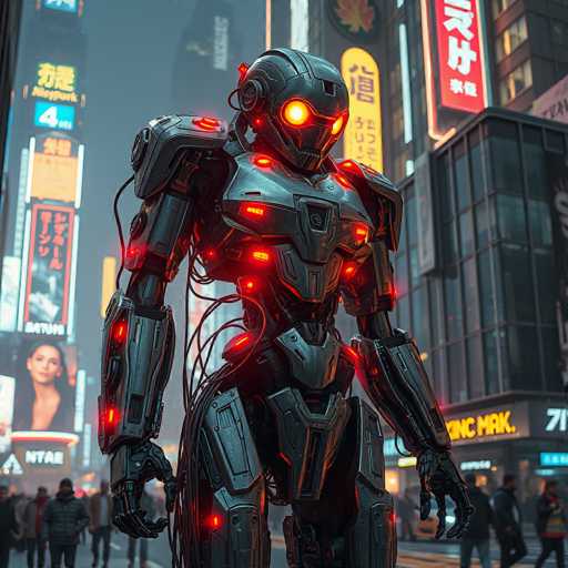 The image depicts a futuristic robot standing on a street corner surrounded by neon signs and buildings. The robot has a metallic gray body with red lights emanating from its head and arms, giving it an imposing appearance. In the background, there are people walking along the sidewalk, adding to the urban atmosphere of the scene.