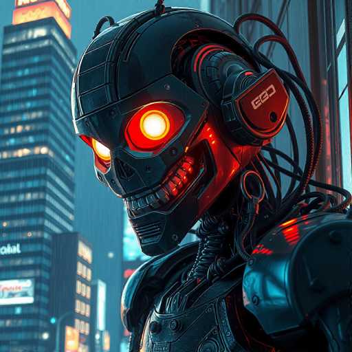 The image depicts a menacing robot with a skull-like face, positioned in the foreground of a bustling cityscape. The robot's head is predominantly black, featuring a hollow nose and a wide, menacing grin filled with sharp, white teeth. Its eyes are glowing red orbs, adding to its sinister appearance. The robot's body is also black, with visible wires and cables protruding from its neck and shoulders, suggesting a complex mechanical structure. The background showcases a vibrant city at night, with tall buildings adorned with neon signs and billboards. One prominent building on the left has a large, illuminated sign, while another on the right features a vertical window. The scene is set against a dark blue sky, enhancing the contrast between the robot and the urban environment. The robot appears to be gazing slightly to the left, adding a sense of tension and foreboding to the image.