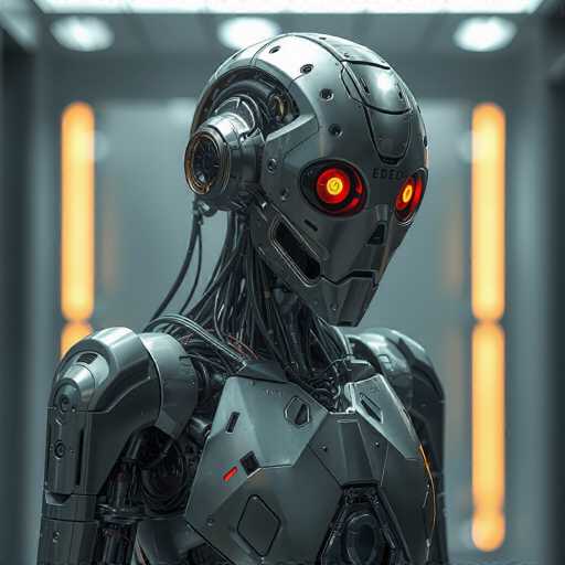 The image depicts a highly detailed, computer-generated robot with a distinctly human-like form. The robot's head is round and metallic, featuring two prominent red eyes with yellow pupils that give it an eerie, lifelike appearance. Its face is adorned with a triangular nose and a straight line for a mouth, contributing to its somewhat menacing expression. The robot's body is composed of sleek, silver metal, with visible wires and cables running from its neck to its shoulders, emphasizing its mechanical nature. The robot is positioned in a room with a gray background, illuminated by two vertical yellow lights on either side. The ceiling is gray with white lights, adding to the futuristic ambiance. The robot's head is slightly tilted to the right, and it gazes downward, enhancing its enigmatic and slightly sinister presence.